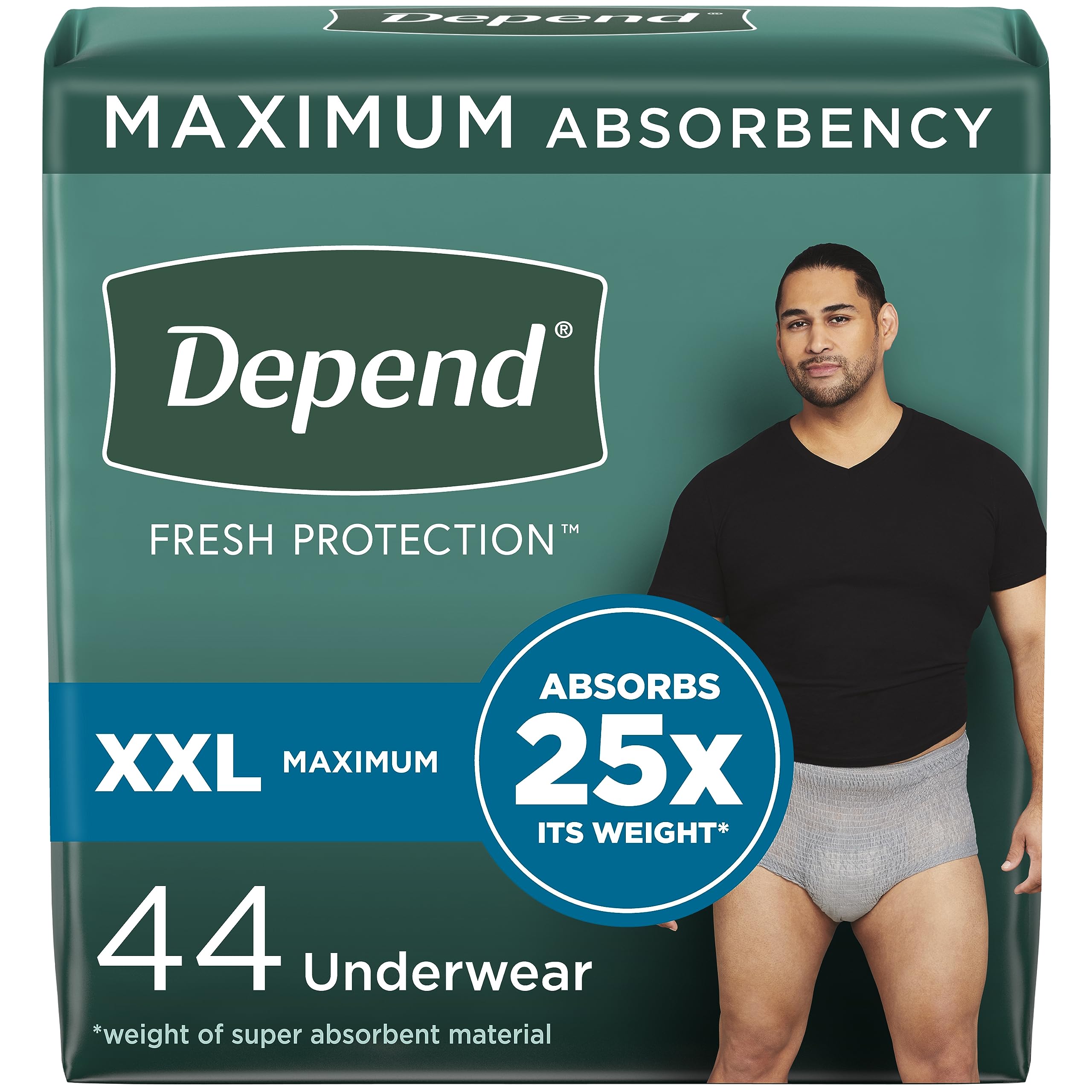 Depend Fresh Protection Adult Incontinence Underwear for Men (Formerly Depend Fit-Flex), Disposable, Maximum, Extra-Extra-Large, Grey, 44 Count (2 Packs of 22), Packaging May Vary